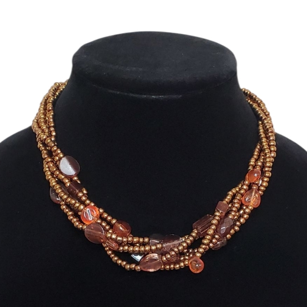Estate Multi-Strand Glass & Copper-Toned Beaded 17"-20" Adjustable Necklace